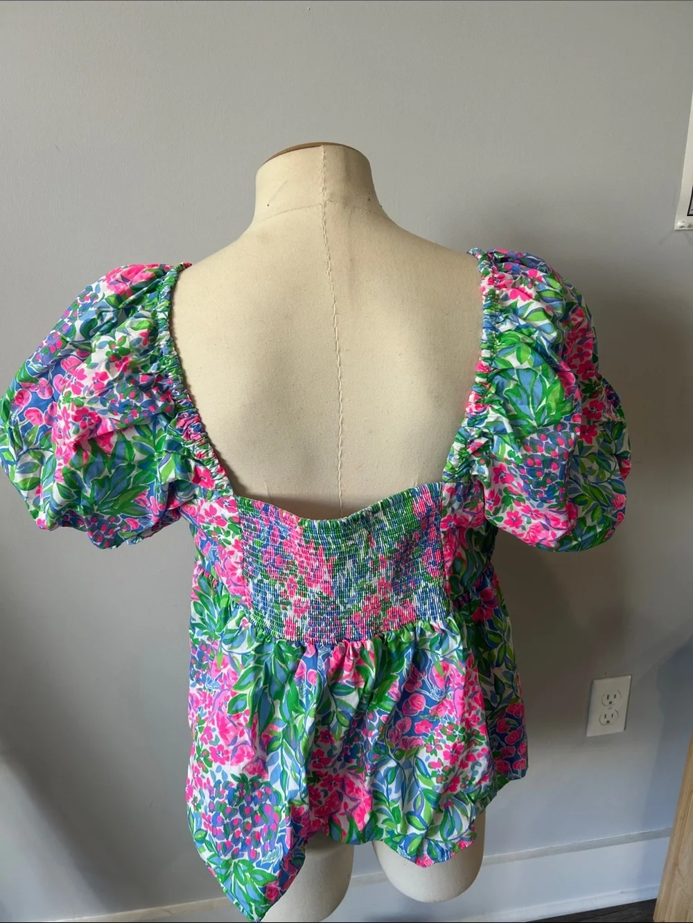 Lily Pulitzer Floral Puff-Sleeve Square Neck Top - Pink & Green